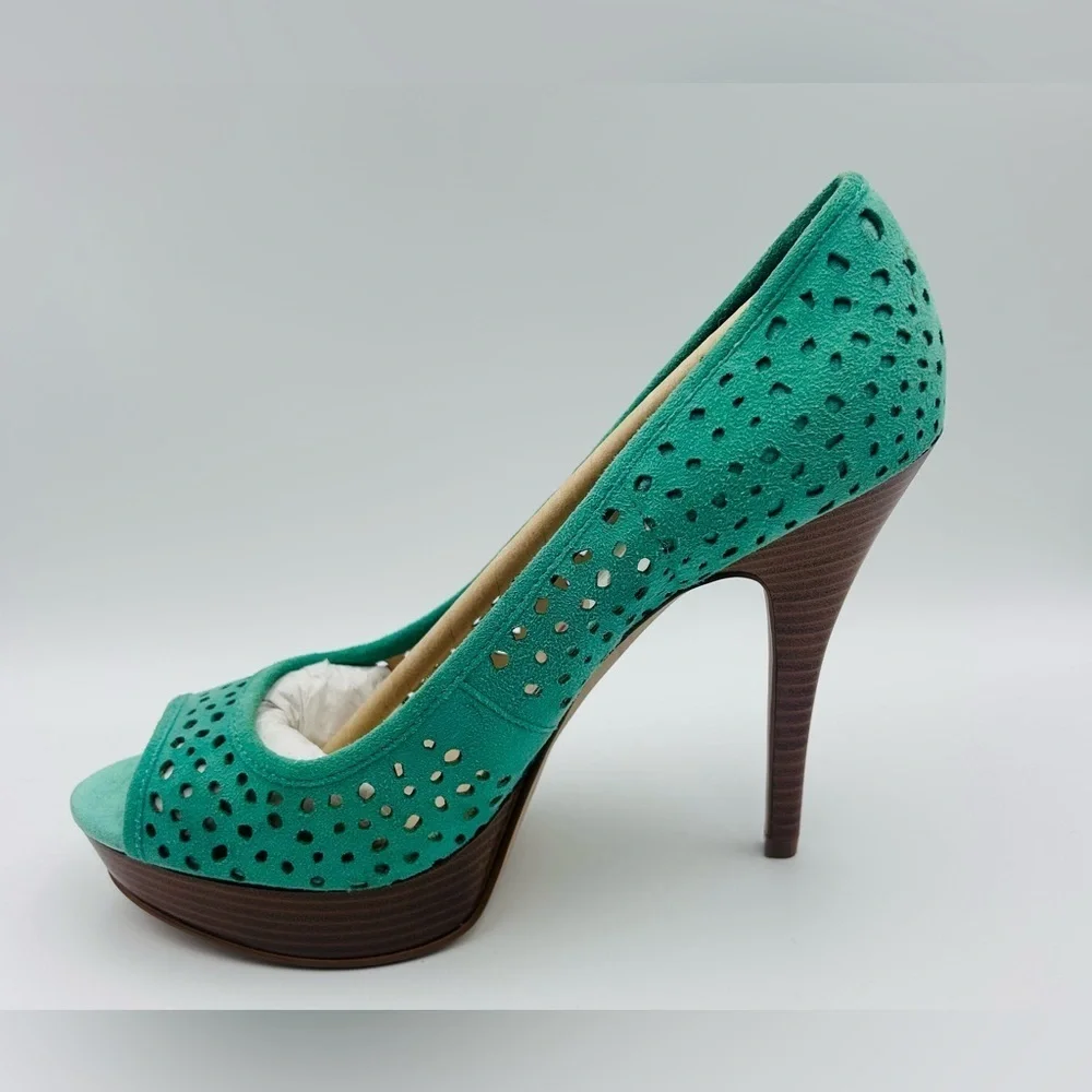 Enzo Angiolini Teal Suede Peep Toe Cutout Heels Women’s Size 8 Stilettos Sexy